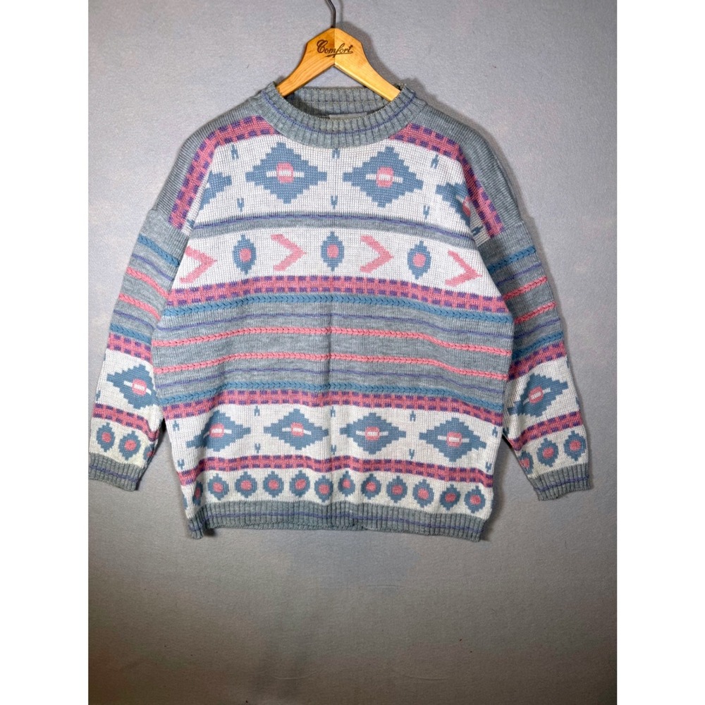 VTG 80s Bay Point Threads Southwestern Geometric Knit Sweater Grey Pink Granny